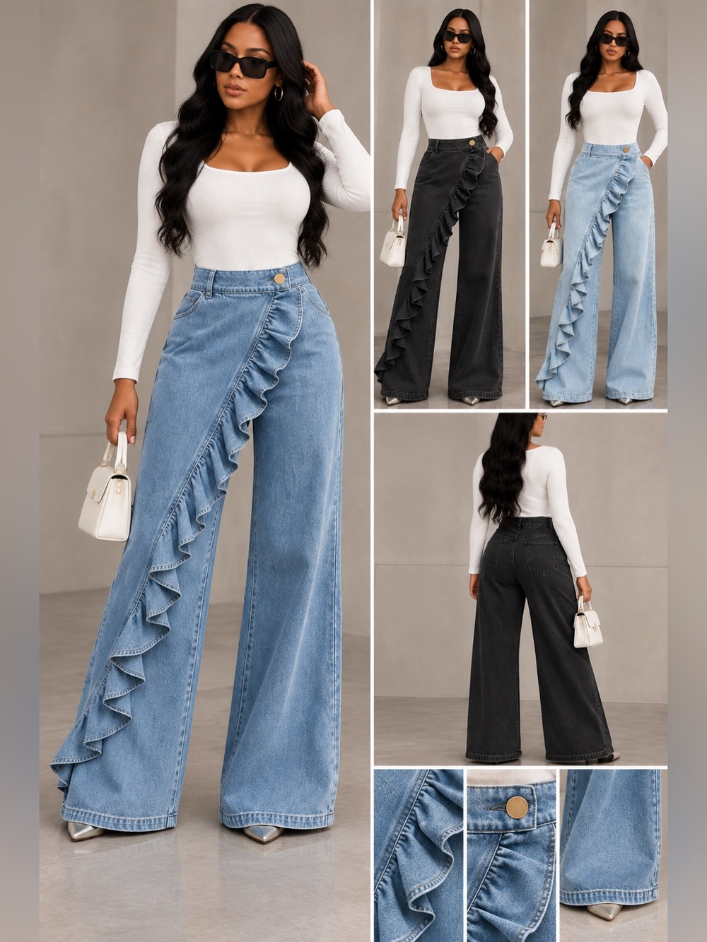 Ruffle Wide-Leg Denim Jeans